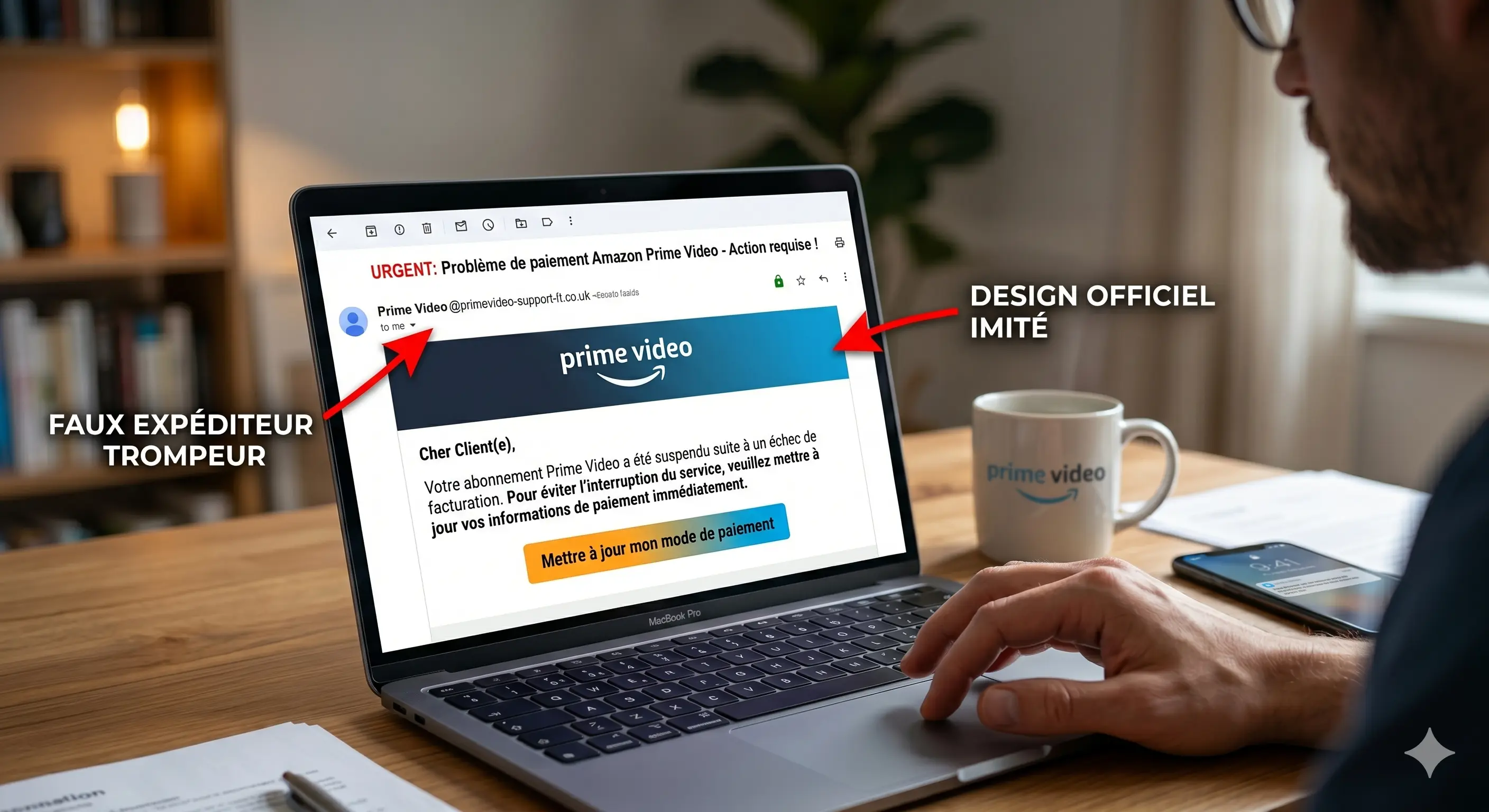 Capture d'écran d'un email frauduleux imitant Amazon Prime Video